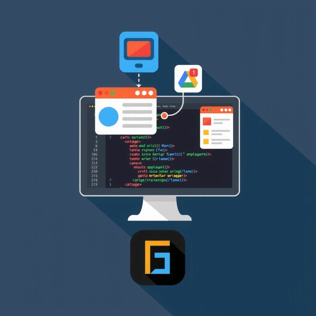 Icoană de dezvoltare web, reprezentată de un monitor cu cod și elemente de design, indicând crearea de site-uri web și aplicații.