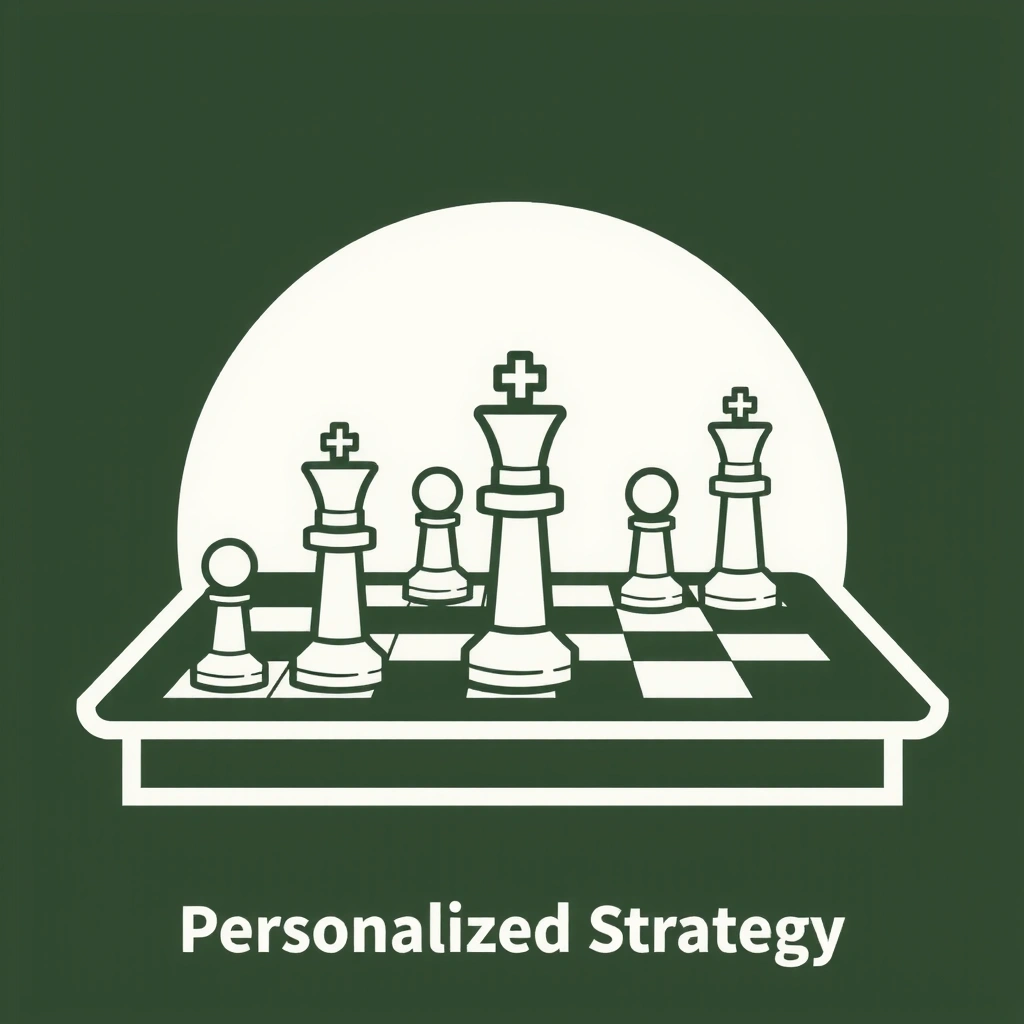 Icoană de strategie personalizată, reprezentată de o tablă de șah cu piese unice, indicând planificare tactică și soluții adaptate.