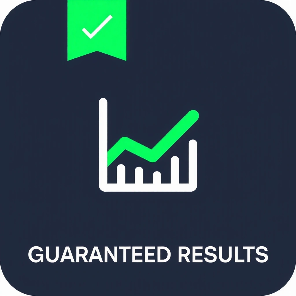 Icoană de rezultate garantate, simbolizată de un grafic ascendent cu o bifă verde, indicând succes și performanță măsurabilă.
