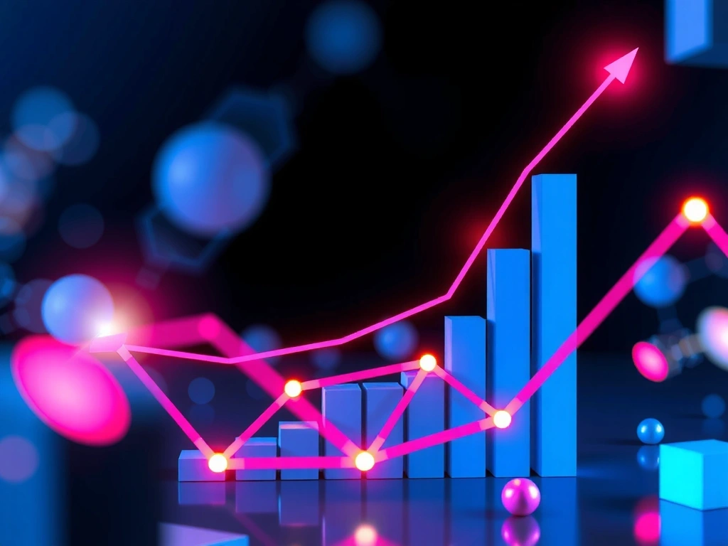 Imagine abstractă, dinamică a conceptului de marketing digital, cu elemente geometrice și lumini vibrante, reprezentând creștere și inovație.