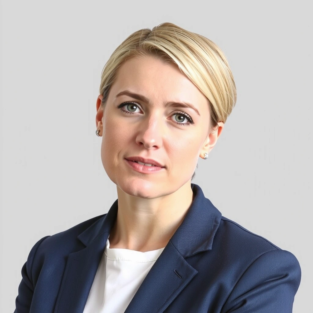 Portretul Elenei Vasile, manager de marketing, cu o expresie gânditoare și inteligentă.