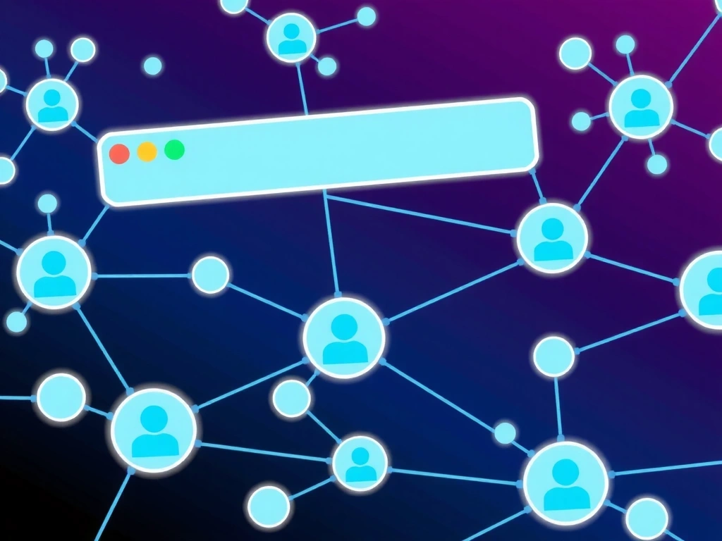 O rețea interconectată de noduri, reprezentând interacțiunea dintre site-ul web, utilizatori și servicii terțe de cookie-uri. Design futurist, culori reci.