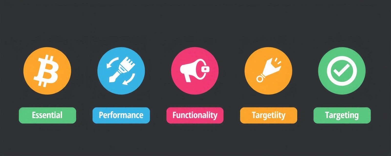 O reprezentare vizuală a diferitelor tipuri de cookie-uri, fiecare cu o pictogramă distinctă, arătând rolul lor pe un site web. Culori vibrante, design modern.