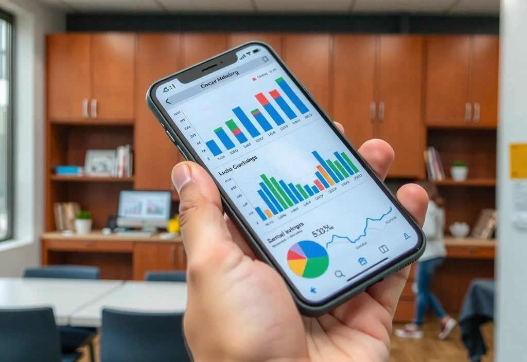 O mână ține un smartphone care afișează analize de marketing digital, simbolizând inovația și datele.