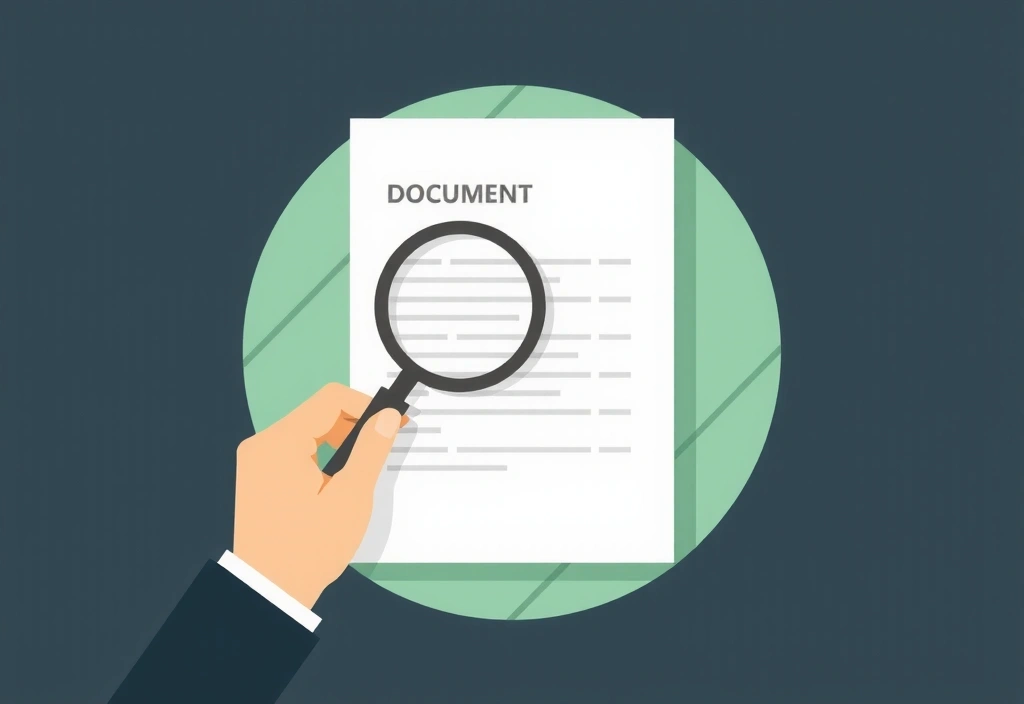 Mână care ține o lupă deasupra unui document cu text, simbolizând transparența și verificarea. Ilustrație minimalistă și modernă.