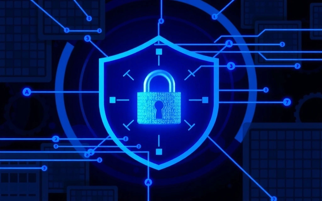 Securitatea datelor cibernetice, cu un scut digital și un lacăt pe un fond abstract de date.